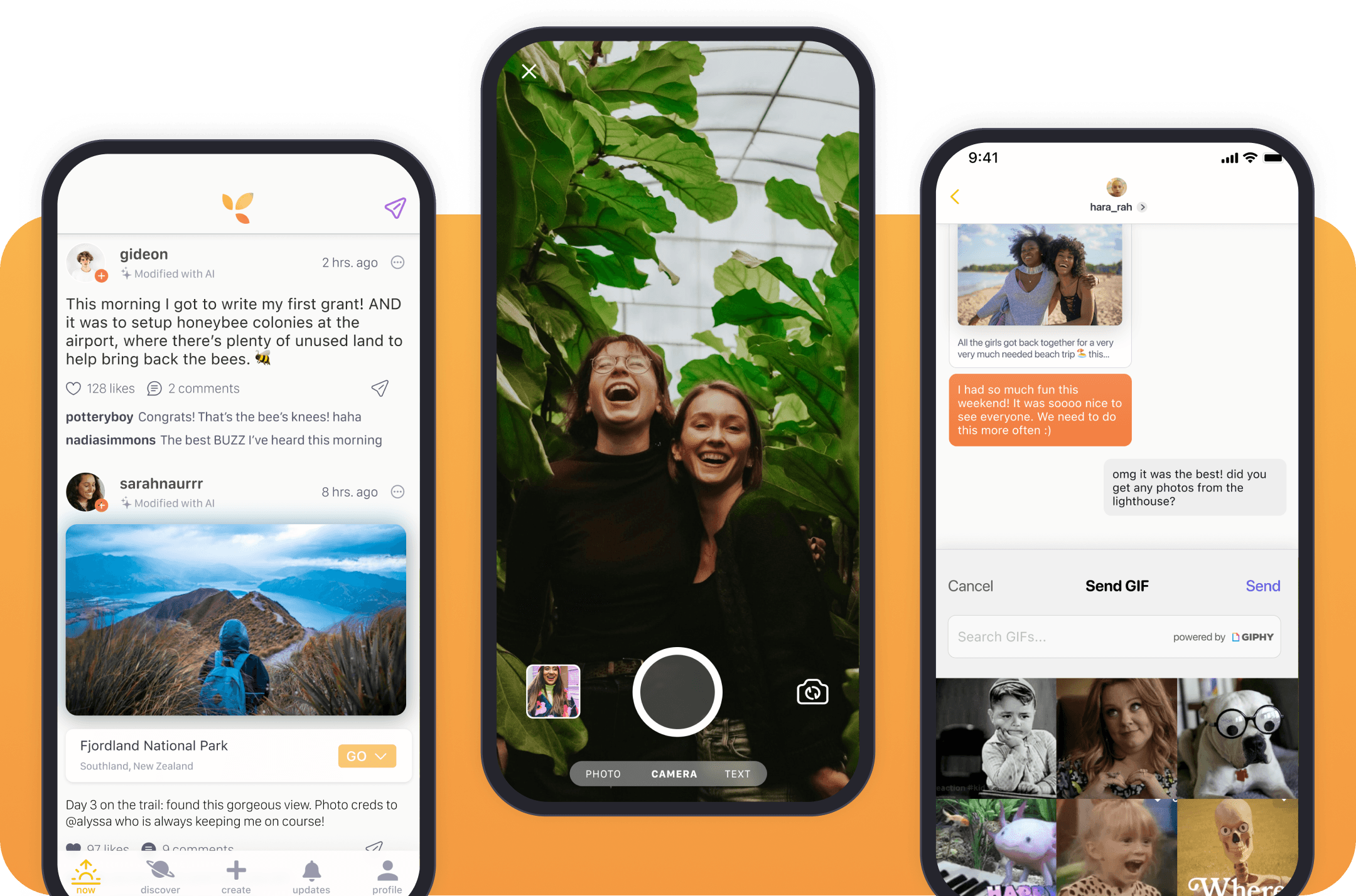 Placeful app screens displayed above a warm orange stage